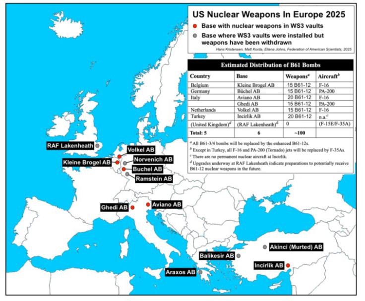 Lokacije ameriških jedrskih konic v Evropi, med njimi ni angleške baze Lakenheath, kamor pa naj bi ameriška vojska pred kratkim pripeljala jedrsko orožje, ki ga je mogoče izstreliti z letal F-35. | Foto: Federation of American Scientists