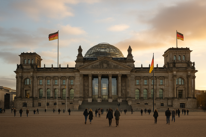 nemčija budenstag | Reichstag v Berlinu ob sončnem zahodu – simbol nemške politike pred novo politično prelomnico. | Foto Fotografija je bila ustvarjena s pomočjo umetne inteligence
