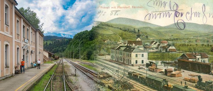 Železniška postaja na Prevaljah danes in na razglednici iz začetka 20. stoletja | Foto: Ana Kovač, Wikimedia Commons