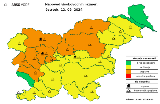 Agencija za okolje je izdala oranžno hidrološko opozorilo zaradi možnosti poplav rek in hudournikov. | Foto: Arso