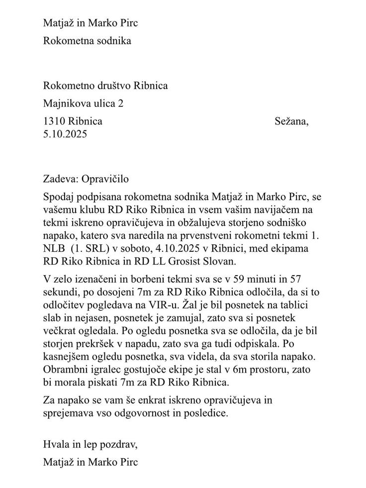 Opravičilo sodnikov: RD Riko Ribnica | Foto: zajem zaslona