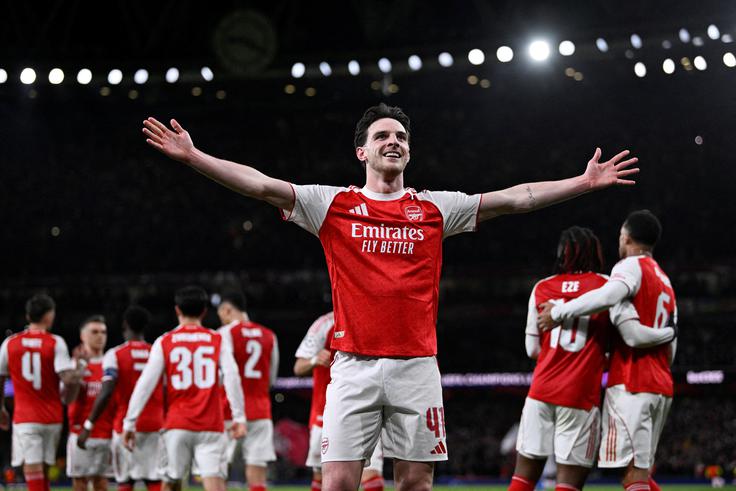 Declan Rice je postavil končni rezultat 2:0 in pomagal Arsenalu do napredovanja v četrtfinale. | Foto: Reuters