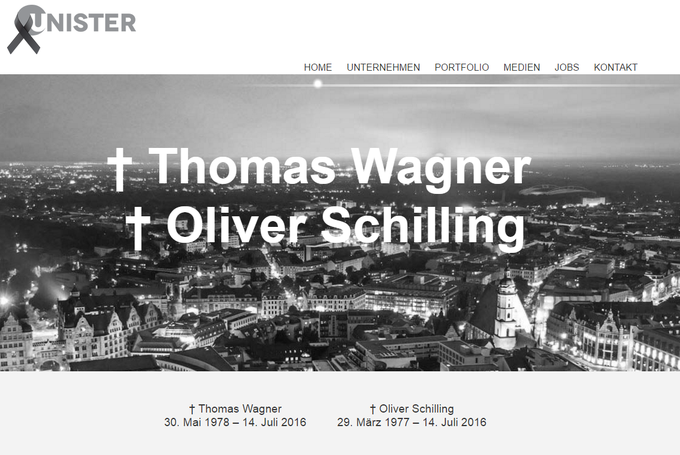 Podjetje Unister, ki je v stečaju, a nadaljuje z dejavnostjo, je na spletni strani objavilo žalno knjigo za umrlima družbenikoma skupine. | Foto: Unister.de