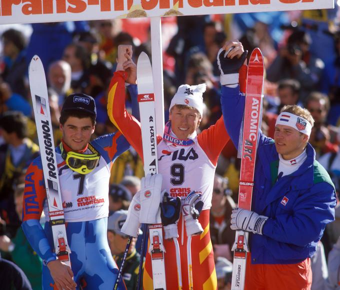 Na svetovnem prvenstvu leta 1987 so stopničke v veleslalomu zasedli Alberto Tomba (bron), Pirmin Zurbriggen (zlato) in Girardelli (srebro). | Foto: Guliverimage