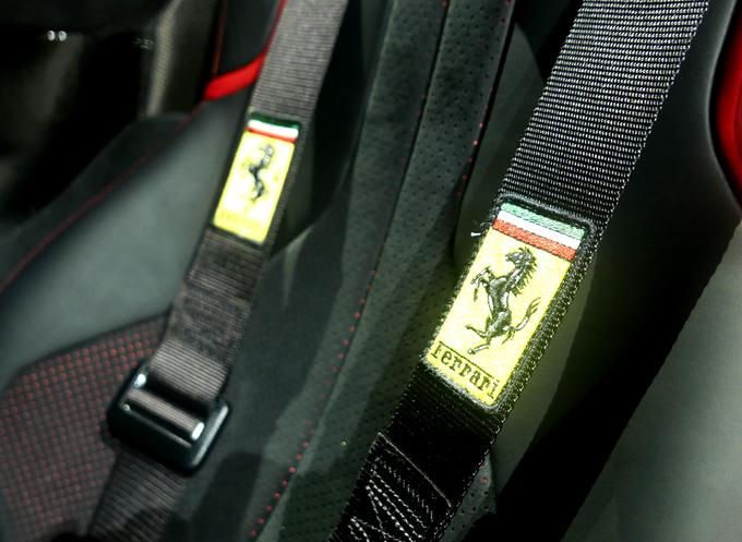 Dirkaški varnostni pasovi z logotipom Ferrarija, ki prihodnje leto praznuje svojo 70-letnico. | Foto: Gregor Pavšič