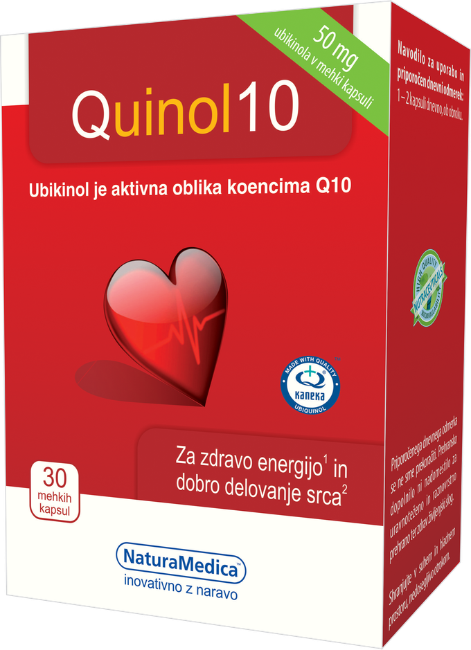 Quinol10 je aktivna oblika koencima Q10 (ubikinol) in ga telo lahko takoj izkoristi. Okrepljen je z vitaminoma B1 in C za zdravo energijo in dobro delovanje srca. | Foto: NaturaMedica