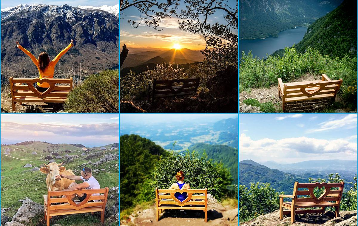 klopce ljubezni kolaž | Na slovenskih razglednih točkah trenutno stoji pet klopc ljubezni. Na fotografiji je klopca na Vogarju, z razgledom na Bohinjsko jezero, ki je ena najbolj obiskanih. 