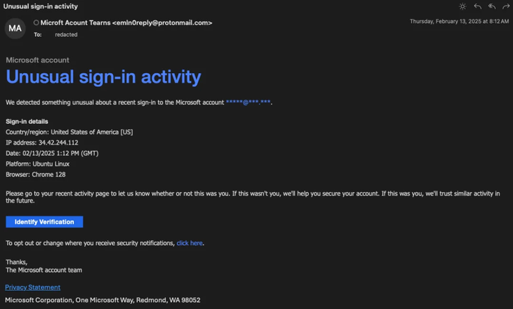 Primer lažnega sporočila domnevne Microsoftove tehnične podpore. Jasno je razvidno, da je bilo poslano z domene ponudnika brezplačne e-pošte ProtonMail, ob tem pa je napačno zapisano še domnevno ime pošiljatelja (Microft Acount namesto Microsoft Account).  | Foto: Proofpoint