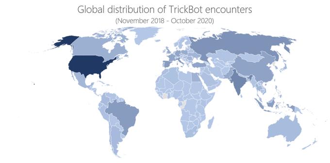 Razširjenost napadov zlonamernega omrežja Trickbot | Foto: Microsoft