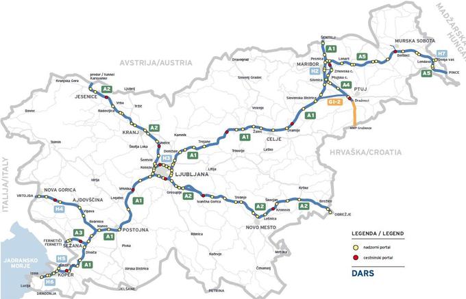 Zemljevid novih nadzornih in cestniskih portalov v Sloveniji. | Foto: DARS/zajem zaslona