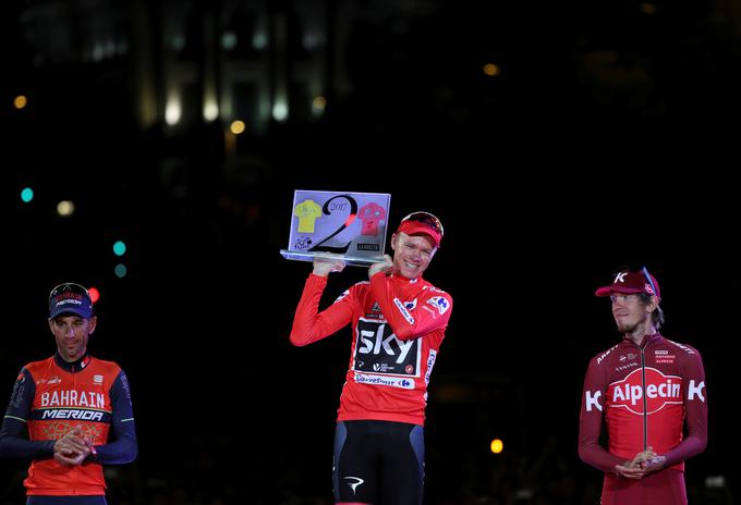 Froome je prvi kolesar, ki je, odkar je Vuelta na sporedu septembra (in ne spomladi), v istem letu zmagal na Touru in Vuelti. Med štartom ene in druge dirke je namreč manj kot mesec dni. To je hkrati tudi prva britanska zmaga na Vuelti oz. prva na tritedenski etapni dirki, ki ni Tour. Tam je Froome slavil že štirikrat. | Foto: Reuters