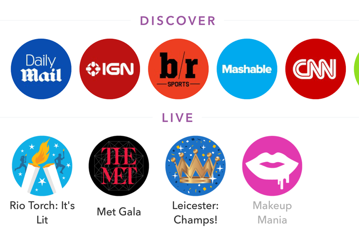 Discover uporabnikom omogoča sledenje znanim svetovnim medijem, kot so CNN (novice), BuzzFeed (zabava), National Geographic (poljudnoznanstvene teme), Bleacher Report (šport),  IGN (videoigre), Mashable (tehnologija). | Foto: 