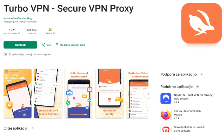 Turbo VPN je le ena od najmanj sedemnajstih priljubljenih aplikacij VPN, ki prikrivajo, da imajo v resnici kitajske lastnike.  | Foto: Posnetek zaslona