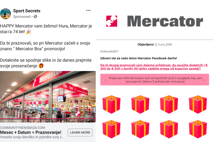Mercator Prevara | Lažne nagradne igre, ki jih prevaranti oglašujejo na Facebooku, pogosto izda že zelo pomanjkljiva slovnica. | Foto Matic Tomšič / Posnetek zaslona