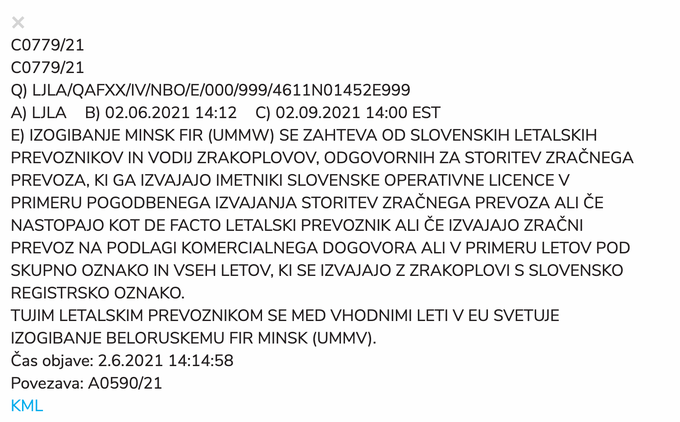 Včerajšnje sporočilo NOTAM, objavljeno na spletni strani Kontrole zračnega prometa Slovenije. | Foto: KZPS