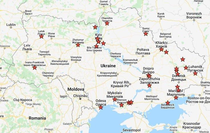 Tarče napadov v prvih petih urah po začetku ruske invazije na Ukrajino. | Foto: 