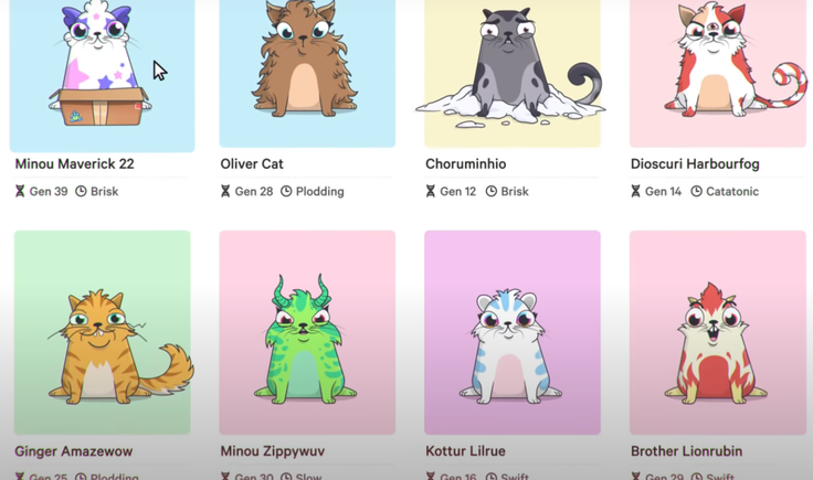 Ena prvih demonstracij, kako delujejo nenadomestljivi kriptožetoni, imenovani NFT, je bila priljubljena igra CryptoKitties, v kateri so igralci zbirali sličice muck. Vsaka od njih − kriptomucka − je imela lasten NFT in ni bila enaka drugi. Z muckami so lahko igralci nato trgovali oziroma si jih izmenjevali ali pa jih parili, pri čemer so nastajali novi nenadomestljivi kriptožetoni z novimi edinstvenimi muckami. | Foto: Matic Tomšič / Posnetek zaslona