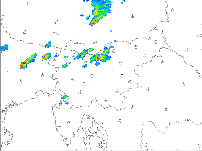 Radarska slika padavin.
 | Foto: ARSO Meteo