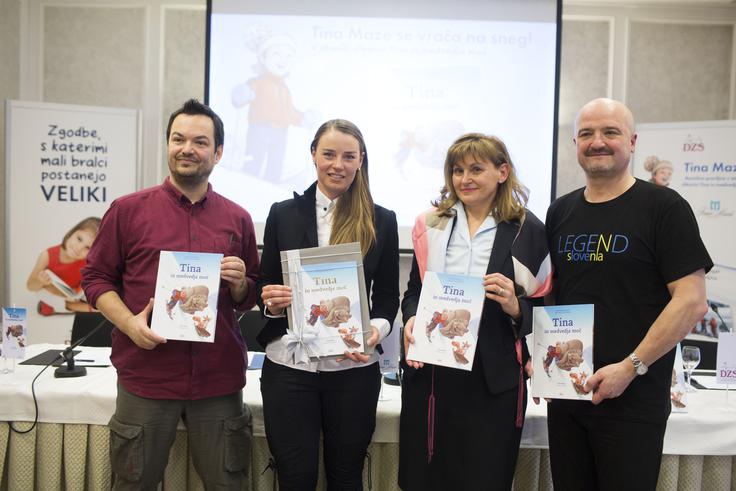 Ilustrator Gorazd Vahen, navdih Tina Maze, predstavnica založbe Andreja Kavčič in avtor slikanice Primož Suhodolčan.  | Foto: Matej Leskovšek