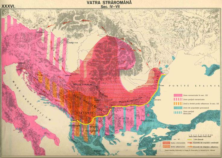 Na zemljevidu vidimo rdečkasto obarvano območje, ki naj bi prikazovalo območje, kjer naj bi se od 4. do 7. stoletja govorila latinščina – jezik, iz katerega so se razvili vsi romanski jeziki, vključno z romunščino. Vatra straromana dobesedno pomeni starorimska ognjišča oziroma smiselno prevedeno starodavna rimska (romanska) domovina. V resnici se latinski jezik ni nikoli uveljavil na območju Dakije severno od Donave, ki je bil pod rimsko oblastjo okoli 170 let. Šele v zadnjih stoletjih je sledila jezikovna romanizacija Balkana južno od Donave, kjer so takrat živeli tudi predniki današnjih Romunov. Kot zanimivost: vatra (ogenj, ognjišče) je verjetno beseda albanskega izvora, ki so jo pozneje prevzeli tudi romansko govoreči Vlahi ter nekateri slovanski narodi. | Foto: Wikimedia Commons