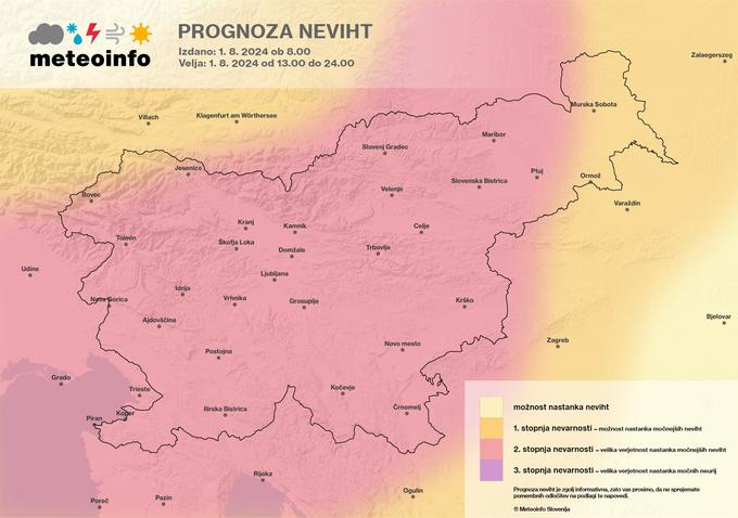 Izračuni meteoroloških modelov kažejo, da danes in v noči na petek pred možnostjo močnejših neviht ni varen skoraj noben del Slovenije.  | Foto: Meteoinfo