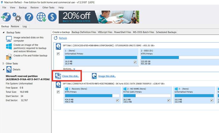 Macrium Reflect se bo nepoznavalcu morda zdel zelo zapleten, a pravzaprav moramo vedeti zgolj za en gumb, in sicer Clone this disk, ki izbrani diskovni pogon preslika na disk SSD. Pazite le, da bo za kloniranje označena prava particija (če jih imate več), torej tista, na kateri je nameščen operacijski sistem. | Foto: Matic Tomšič