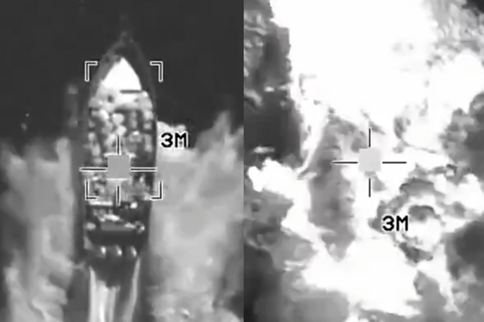 Napad Čoln ZDA | Videoposnetek napada na čoln je na družbenem omrežju X objavilo Južno poveljstvo Združenih držav Amerike. | Foto Posnetek  zaslona