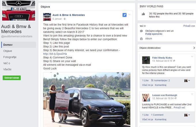 Prvič v zgodovini Facebooka uporabnikom podarjamo dva mercedesa C, trdijo prevaranti v ozadju nagradne igre. | Foto: Matic Tomšič