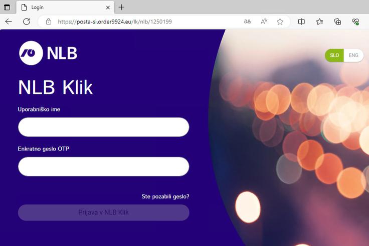 Goljufi svojim žrtvam občasno podtaknejo lažne obrazce za prijavo v mobilno ali spletno banko. Ko žrtev to poskusi storiti, goljuf prejme podatke za neoviran dostop do njenih financ. Na fotografiji primer lažnega prijavnega okna za NLB Klik. | Foto: Matic Tomšič / Posnetek zaslona