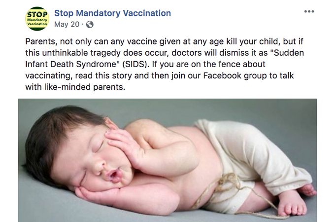 Gibanje Stop Mandatory Vaccination je s svojimi oglasnimi kampanjami na Facebooku med drugim iskalo starše, katerih otroci so umrli zaradi tako imenovanega sindroma nenadne smrti dojenčka (SNSD oziroma SIDS), in jih poskušali prepričati, da je njihov otrok v resnici umrl zaradi cepljenja. Precej staršev jim je na tak način tudi dejansko uspelo "spreobrniti". Zadaj je bil seveda tudi denar. Več članov gibanja je za Larryja Cooka pomenilo več obiskov spletne strani, več denarja od oglasov na YouTubu in več prodanih knjig ter prehranskih dopolnil. | Foto: Facebook / Posnetek zaslona
