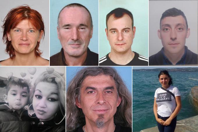 Osebe, ki jih pogrešajo od letos. Po vrsti: Narzis Leskovec, Milan Hodnik, Marjan Klampfer, Jonathan Reid Luskin, Emilija Brajdič, Berivan Cakir in Zmago Sajevic.  | Foto: policija.si