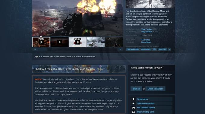 Metro Exodus je še vedno na Steamu, a ga ni mogoče kupiti. Pričaka vas sporočilo, ki pove, da igre ni več mogoče kupiti prek Steama, saj se je založnik odločil igro umakniti z njihove platforme. | Foto: Posnetek zaslona/Reuters