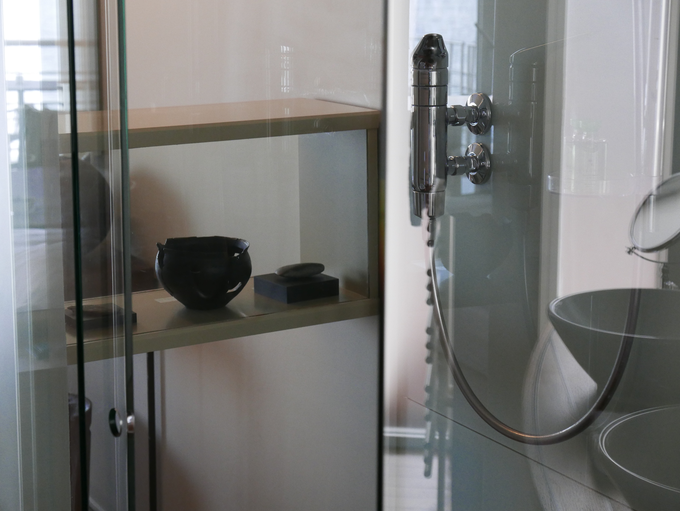 Široko kabino za prho od spalnice loči visoka steklena vitrina z razstavljenimi muzejskimi primerki iz obdobja koliščarjev. | Foto: Metka Prezelj
