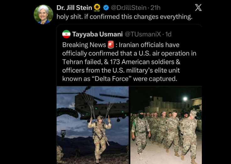 Objava ameriške političarke Jill Stein je še vedno dostopna na omrežju X, objava profila, ki je delil lažne fotografije, pa ne več, saj je bil odstranjen s platforme.  | Foto: Posnetek  zaslona