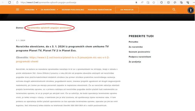 Sporočilo T-2 na njihovi spletni strani o umiku Planeta TV, ki je navedeno kot "sprememba splošnih pogojev poslovanja". | Foto: zajem zaslona