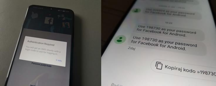 Na Facebooku preverjanje v dveh korakih običajno poteka ali s prejemom kode prek sporočila SMS ali pa s pomočjo obrazca na drugi napravi, če imamo to možnost. V tem primeru smo prejeli sporočilo SMS.  | Foto: Matic Tomšič