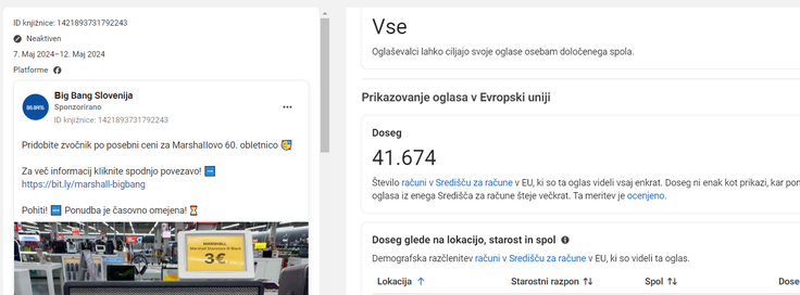 Oglas, ki se je na Facebooku slovenskim uporabnikom in uporabnicam v samo petih dneh prikazal več kot 41-tisočkrat.  | Foto: posnetek zaslona/Marine Traffic