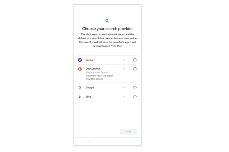 Takole bo videti novi zaslon za izbiro ponudnika iskanja, ki ga bodo kupci novih telefonov z Androidom videli ob prvem nastavljanju naprave. | Foto: Google