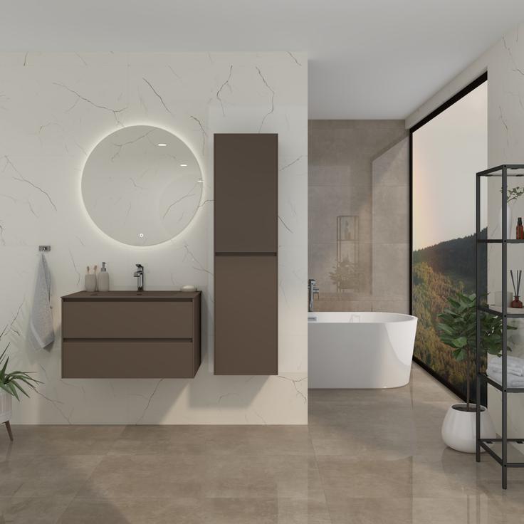 Fero-Term: Concepto+ kopalniška baza Romina, May Ceramics ploščica Cementino Blast Graige Polished, May Murinni ploščica Desert Crema, Concepto+ kopalniška omarica Romina, Voxort mešalnik za umivalnik Dahlia Cool Start, Voxort mešalnik za kad Tea, Concepto+ ogledalo z LED osvetlitvijo Rossa Touch, Voxort obešalnik 4000, Concepto+ regal Smooth Steel, Voxort posodica za vatirane blazinice Zand, Voxort pladenj Zand, Voxort dozirnik za milo Zand, Voxort posodica za milo Zand, Voxort kozarec Zand, Voxort kad Linea Star. | Foto: Fero-Term