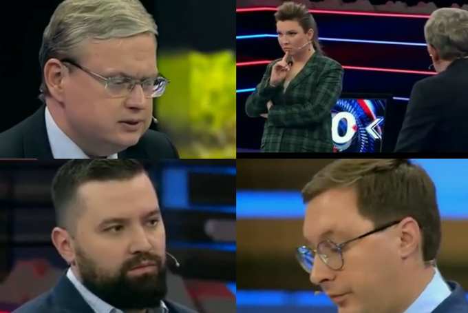 Pogledi voditeljice in drugih gostov oddaje ob besedah poslanca Dume Mihaila Deljagina, ki je bil kritičen do odtekanja ruskega državnega denarja v žepe oligarhov, ki so tesno povezani s Putinom, govoril pa je tudi o nacionalizaciji premoženja ruske elite in za trenutek celo izrazil dvom, da lahko Rusija dobi vojno v Ukrajini. Šlo je stvari, ki jih gledalci propagandne oddaje, namenjene poveličevanju ruske vojske, malikovanju Putina in žaljenju Zahoda, praviloma ne slišijo nikoli. | Foto: Twitter / Posnetek zaslona