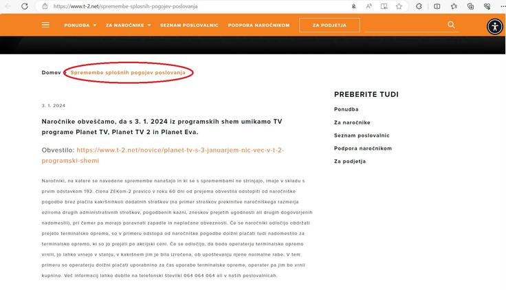 Sporočilo T-2 na njihovi spletni strani o umiku Planeta TV, ki je navedeno kot "sprememba splošnih pogojev poslovanja". | Foto: zajem zaslona