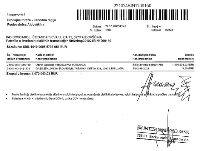 V sporočilu za javnost je Ivo Boscarol priložil tudi dokazilo o plačilu donacije. | Foto: Ivo Boscarol