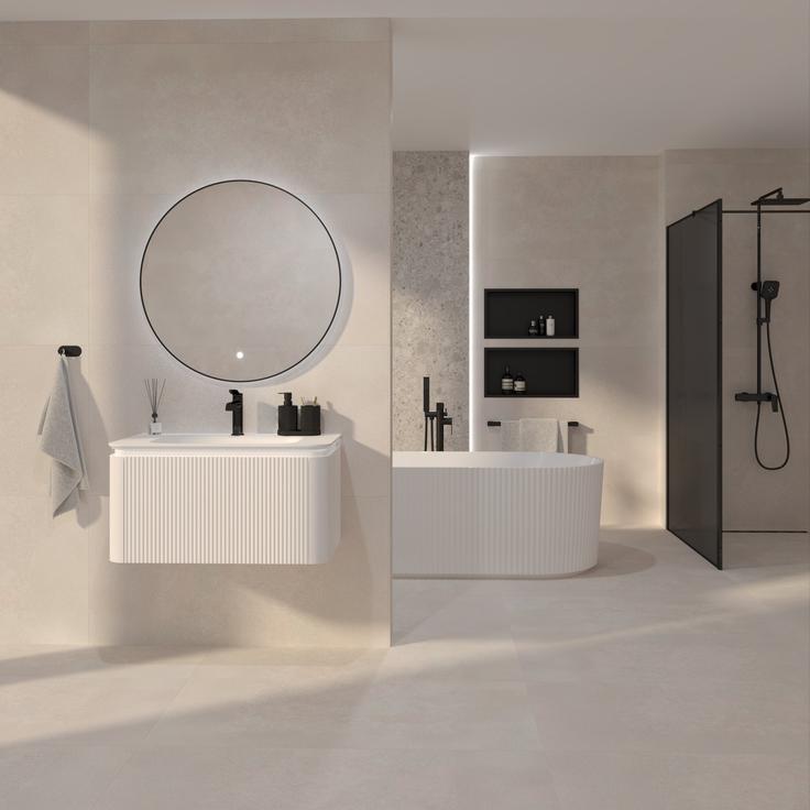 May Ceramics ploščica Loira Ivory, Voxort kad Terra Stripe, Voxort mešalnik za kad Tea Black, Concepto+ kopalniška baza Freda, Concepto+ ogledalo z LED osvetlitvijo Vali Touch, Voxort walk-in tuš stena Blue Premium, Voxort mešalnik za umivalnik Dahlia Cool Start, Voxort tuš sistem Dahlia, Voxort stenska niša, Voxort držalo za brisače Antea, Voxort rešetka za kanaleto Road, Voxort set kopalniških dodatkov Oliva, Voxort obešalnik 3000. | Foto: Fero-Term