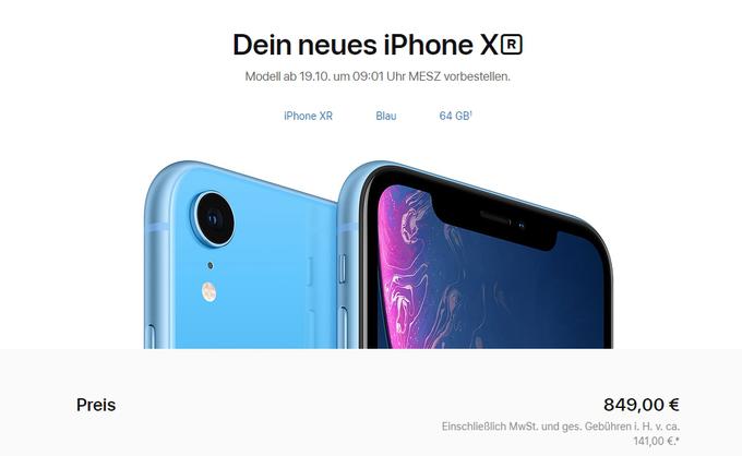 Najcenejši iPhone XR s 64 gigabajti prostora v Evropi stane 849 evrov. Podatek je za nemški trg, a bo ceno verjetno ohranil tudi do prihoda v Slovenijo, kar se bo zgodilo 28. septembra. Cene novih iPhonov so v Evropi sicer bistveno višje kot v ZDA, saj je tam 64-gigabajtni iPhone XR cenejši za več kot 200 evrov.  | Foto: Matic Tomšič / Posnetek zaslona