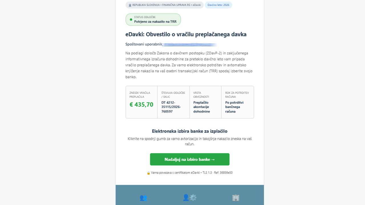Ste prejeli takšno sporočilo o vračilu davka? Ne klikajte povezave.