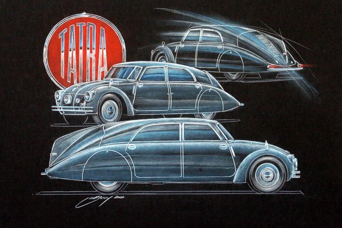 Tatra 77 | Georg Gedl se je tokrat s skico posvetil enemu prvih avtomobilov, ki so ga izdelali v aerodinamičnem tunelu in po  aerodinamičnih zakonih. Z njim so pri Tatri šokirali zahodni svet. | Foto Georg Gedl