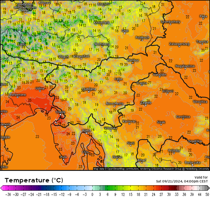 Zgoraj lahko vidite današnje pričakovane temperature. Na obali se bo ogrelo do 26, lokalno celo do 27 stopinj Celzija. Drugod po državi bo od 19 do 22 stopinj Celzija, v višje ležečih alpskih dolinah pa še kakšno stopinjo ali dve manj. | Foto: meteologix