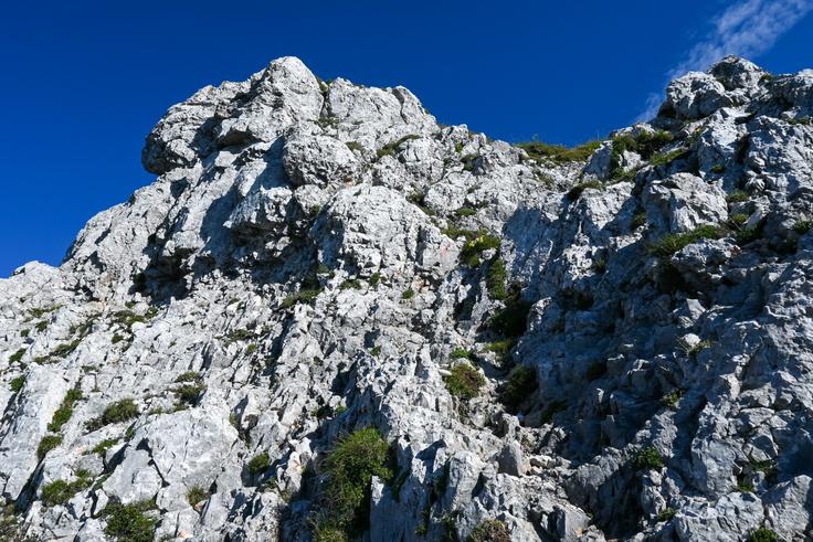 Pod vrhom je nekaj strmih skalnih stopenj, kjer si je treba nekoliko pomagati z rokami. | Foto: Matej Podgoršek