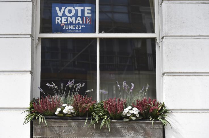 Plakat, ki poziva k glasovanju za obstanek v EU. Na dan referenduma je neodločen še vsak deseti volivec. | Foto: Reuters