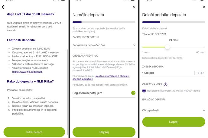 NLB Klik, depoziti | Sklepanje depozita v mobilni različici digitalne banke NLB Klik | Foto S. C. (zajem zaslona)